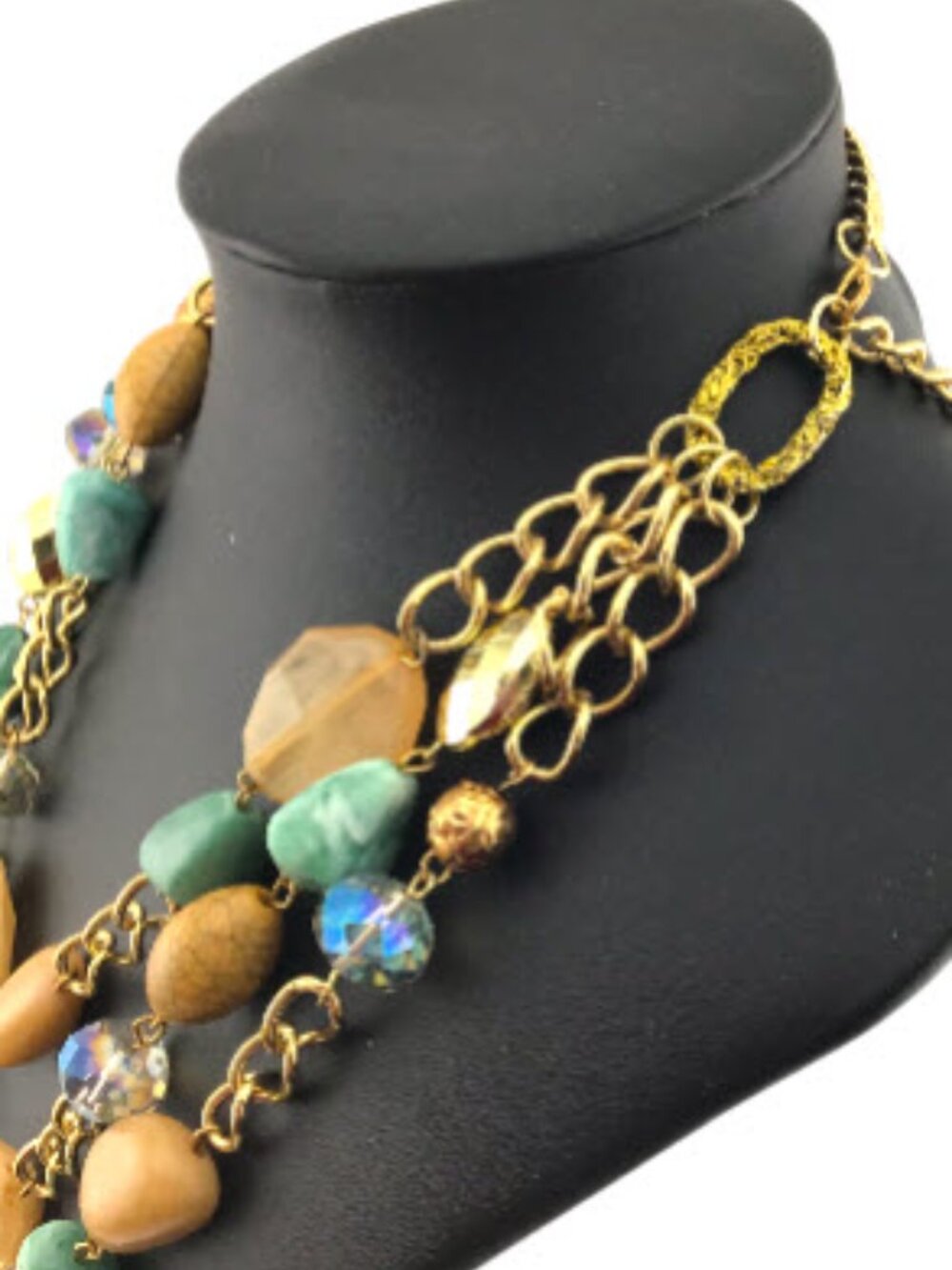 Vintage Layered Beaded Necklace Gold Tone Blue Green Cream Boho Resort Statement - Picture 7 of 10